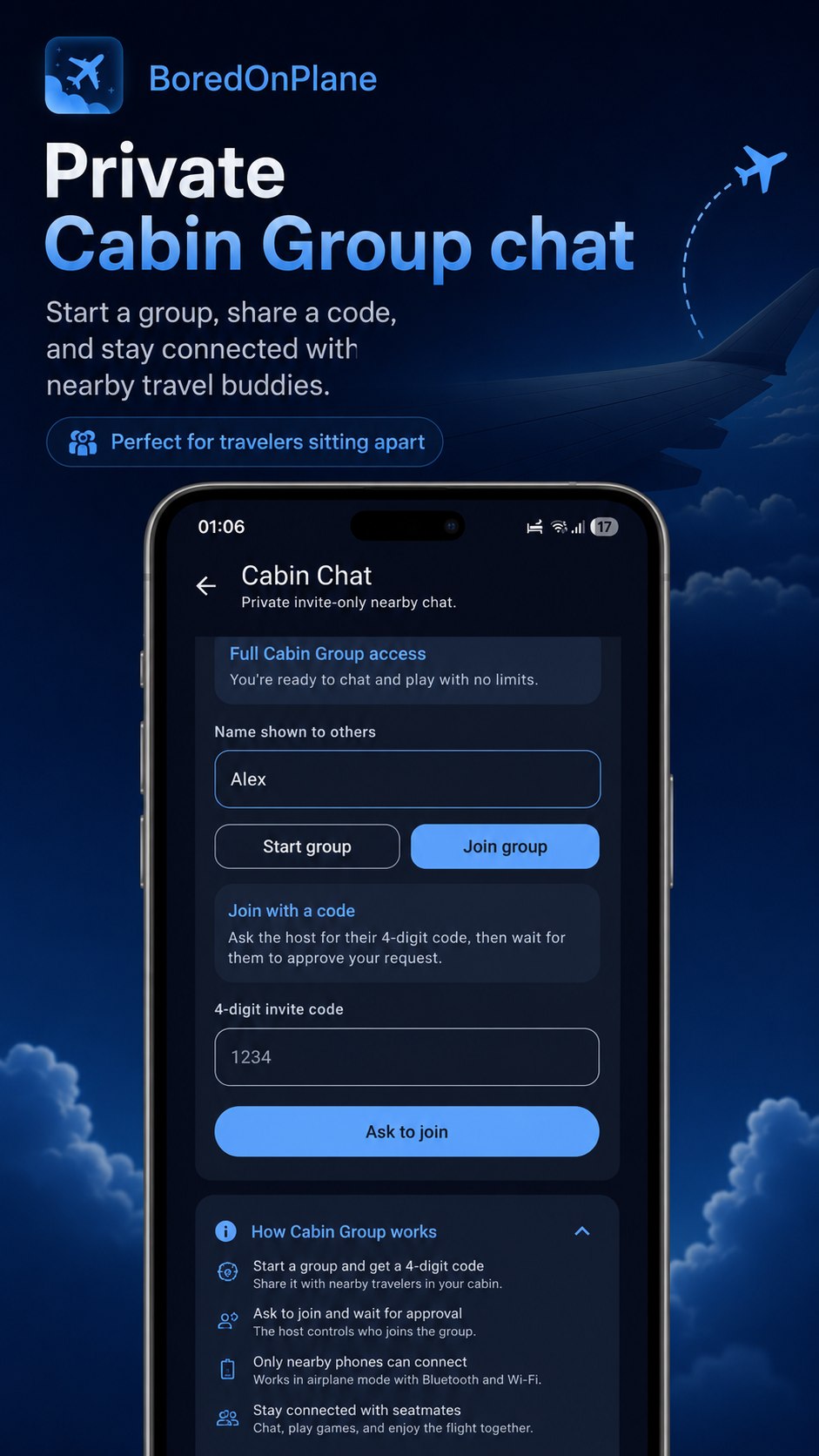 BoredOnPlane private Cabin Group chat with invite code and nearby device approval