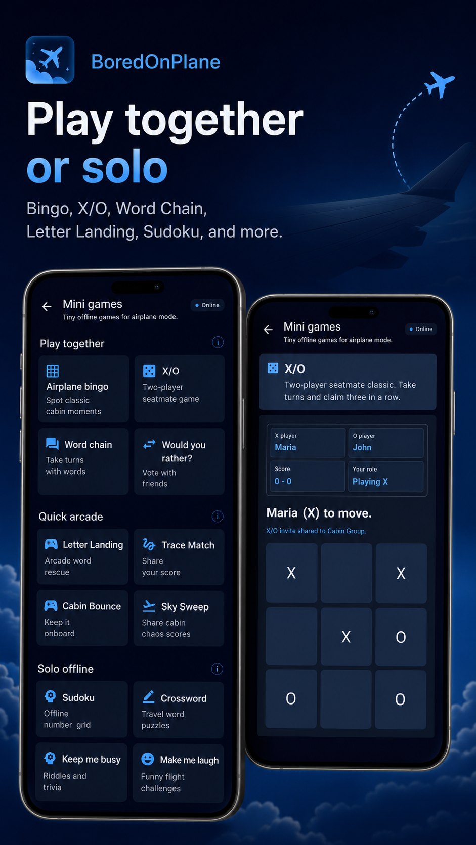BoredOnPlane mini games for solo play or playing together from nearby airplane seats