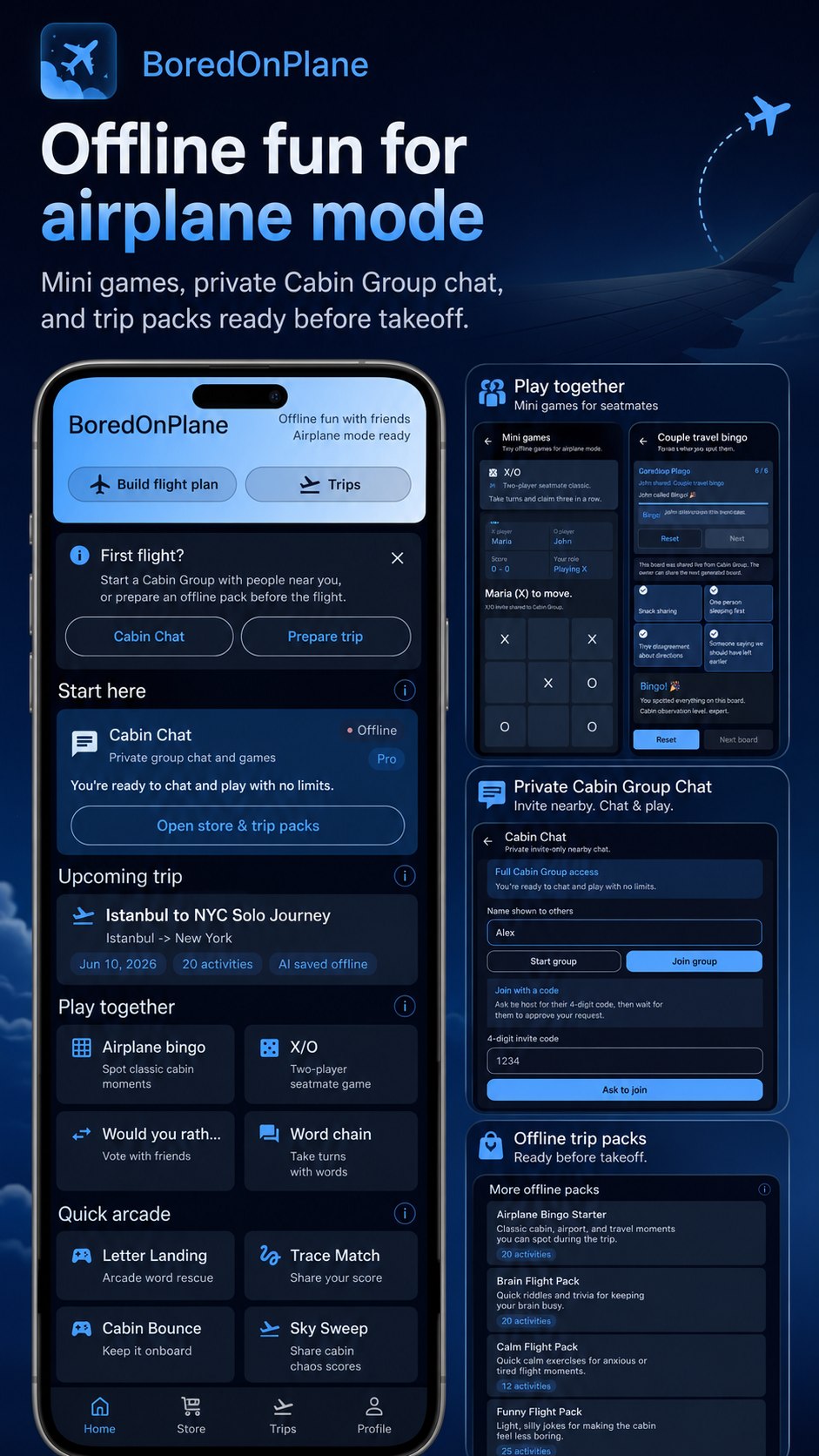 BoredOnPlane home screen with offline games, Cabin Chat, and trip packs ready before takeoff