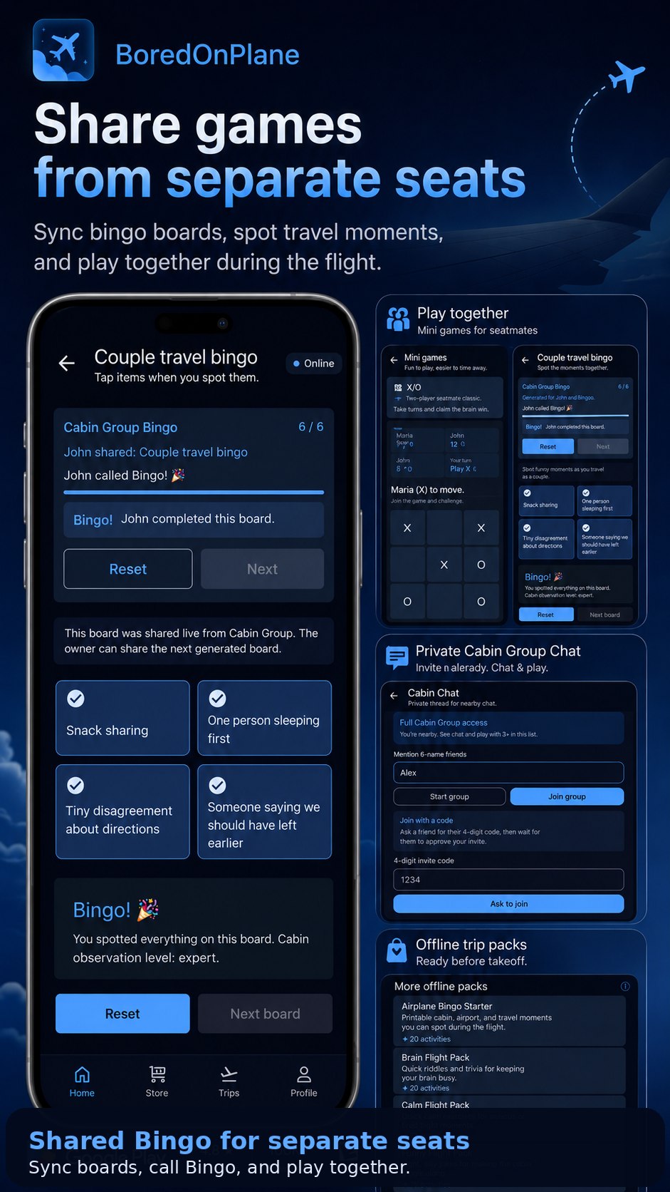 BoredOnPlane shared bingo boards for travelers playing from separate seats