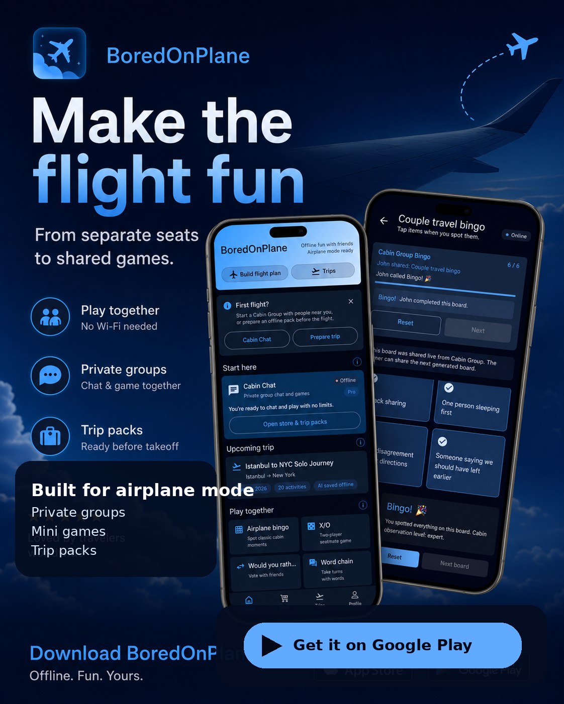 BoredOnPlane Play Store style preview showing offline fun, Cabin Group, and mini games