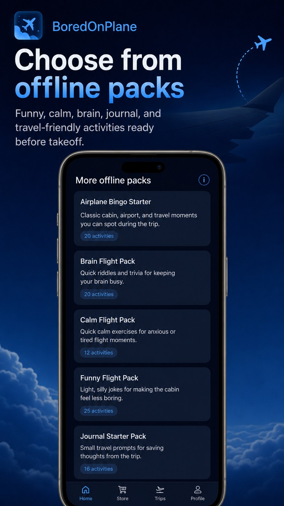 BoredOnPlane offline trip packs prepared before takeoff with route-based activities